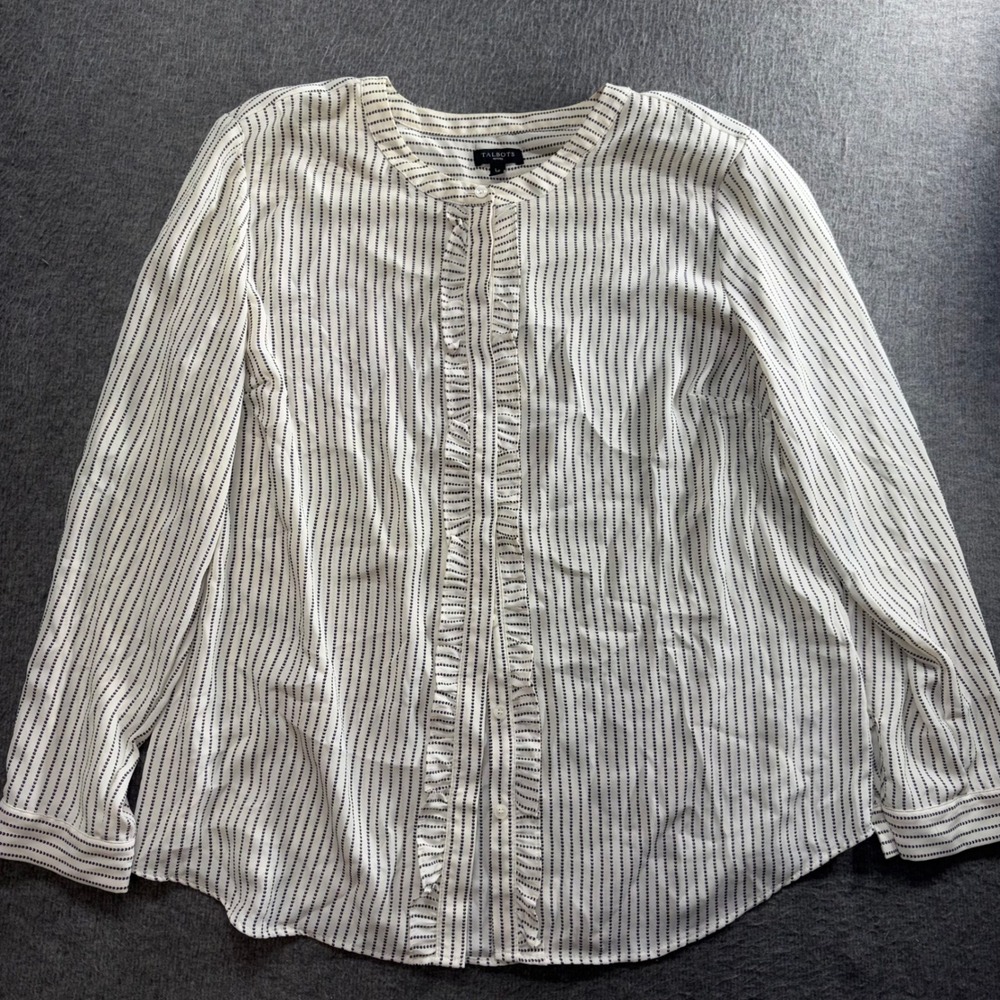 Talbots Petites Blouse Large LP White Black Dotted Stripe Ruffle Button Front